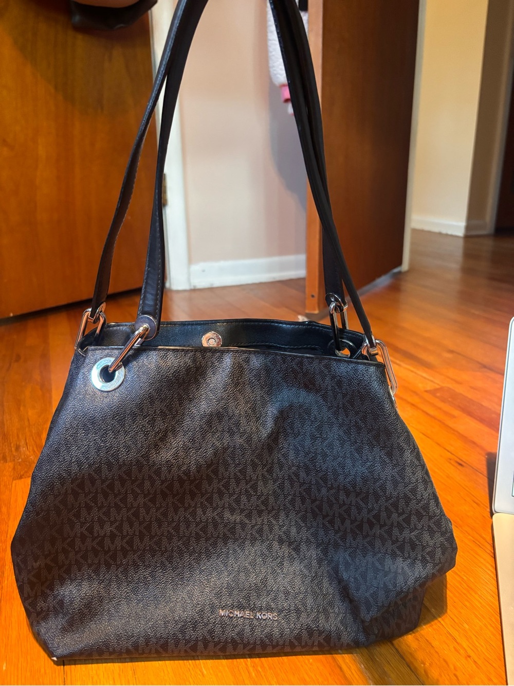 Michael Kors monogram logo print shoulder bag with black double shoulder straps